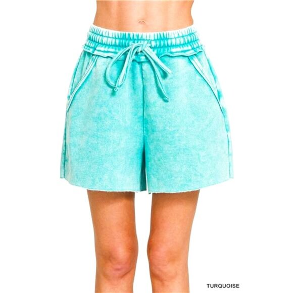 Zenana Acid Wash Fleece Drawstring Shorts With Pockets - TURQUOISE - Picture 1 of 3
